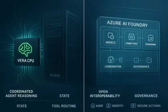 Split-screen tech illustration showing VERA CPU and Azure AI Foundry modules like models, connectors, governance.