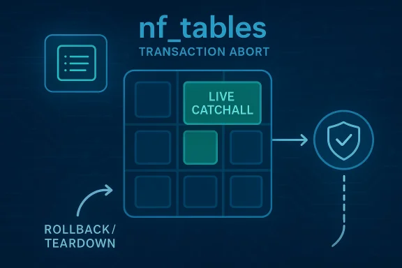 Tech graphic showing an nf_tables transaction abort with rollback/teardown and live catchall firewall flow.