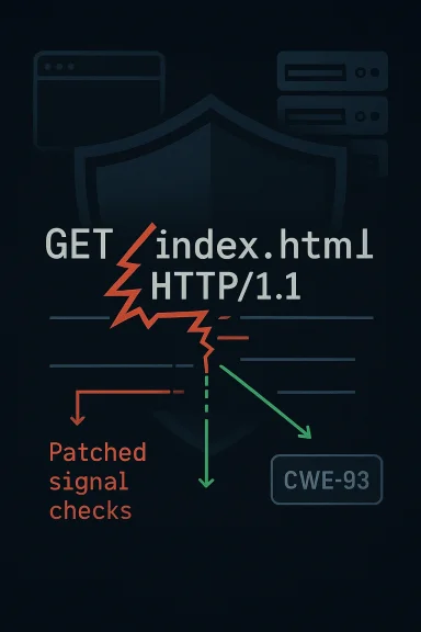 Cybersecurity graphic showing “GET /index.html” and patched signal checks with CWE-93 alert.