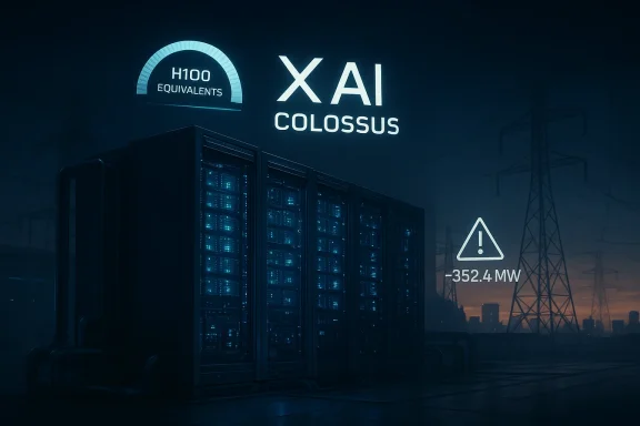 Futuristic data center with “XAI COLOSSUS” signage, server racks, and “-352.4 MW” power warning.