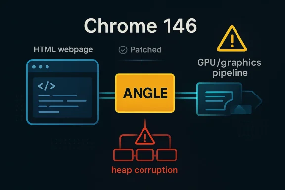 Diagram showing “Chrome 146” GPU/graphics pipeline with a “heap corruption” warning around an ANGLE component.