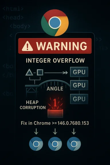 Chromium warning poster showing “Integer Overflow” and “Heap Corruption” with GPU stack and Chrome fix hint.