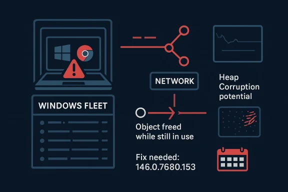 Illustration warning of Windows fleet network issues and heap corruption risk with object freed while still in use.