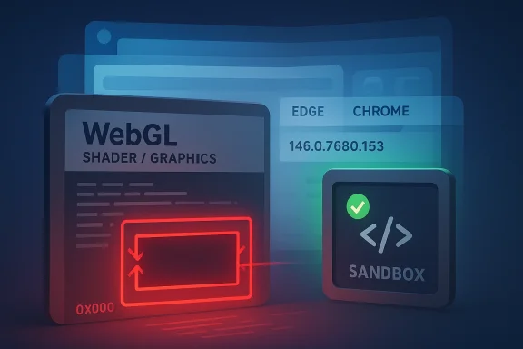 Futuristic WebGL shaders and browser icons with “EDGE,” “CHROME,” and “SANDBOX” branding.