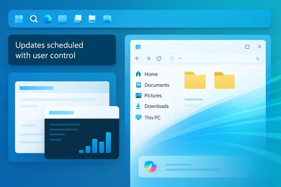 Abstract illustration of a Windows-style interface showing scheduled updates and user-controlled file management.