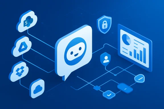 3D blue network illustration with chat, cloud icons, lock security, and connected devices on a digital grid.