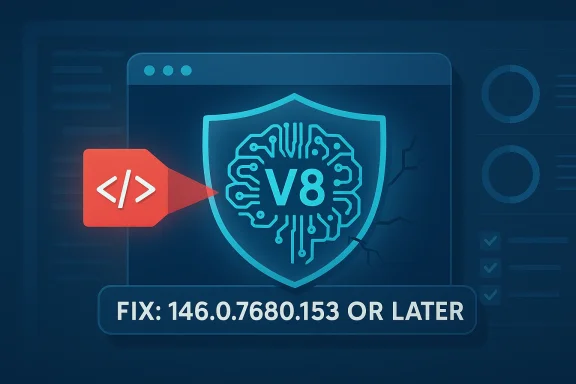 Cybersecurity-themed graphic showing a V8 chip inside a shield with “FIX: 146.0.7680.153 OR LATER”.