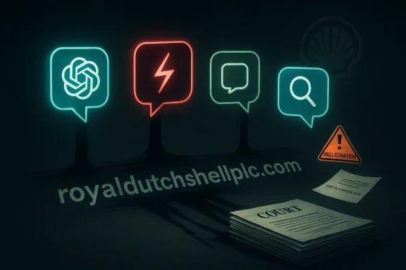 Neon chat icons and “royalduitchshallllp ic.com” glow above stacked “sources” amid a “hallucination” warning.