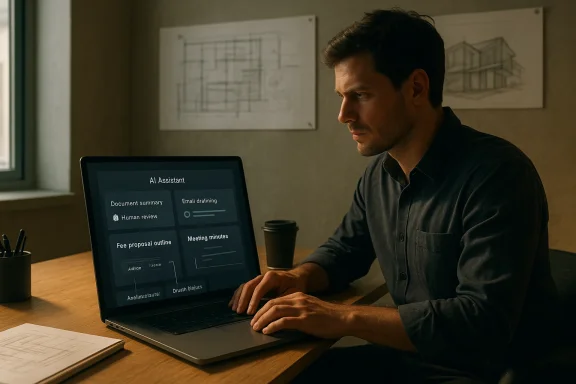 A man reviews an AI assistant dashboard on his laptop in a quiet office.