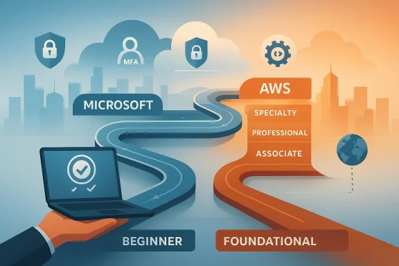 Colorful tech infographic showing Microsoft and AWS certification paths with security icons and branching roads.