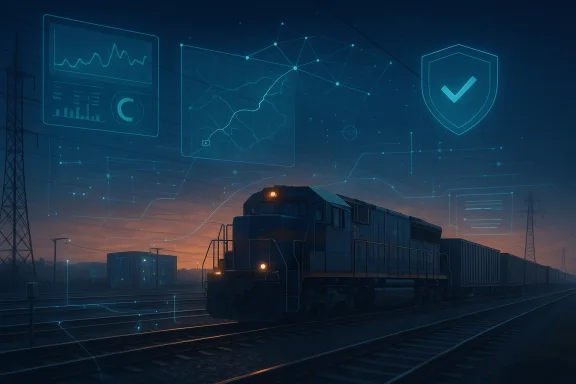 Night freight train rides illuminated digital network overlays with data charts and a shield checkmark.
