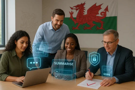 Team meeting with tech-style overlays showing “SUMMARISE” and “GDPR” while reviewing documents.