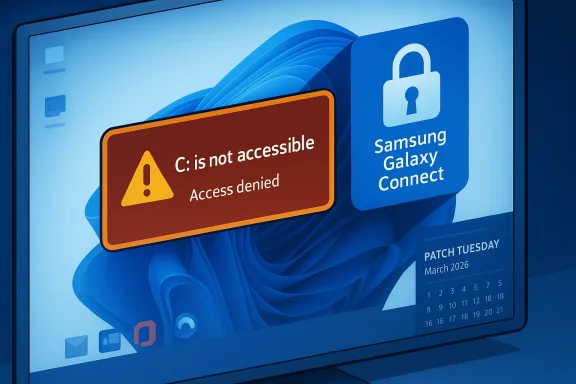 Samsung Galaxy Connect graphic shows a “C: is not accessible / Access denied” warning on a blue display.