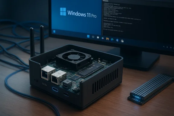 Open electronics mini-PC with visible circuit board ports connected beside a Windows 11 Pro monitor.