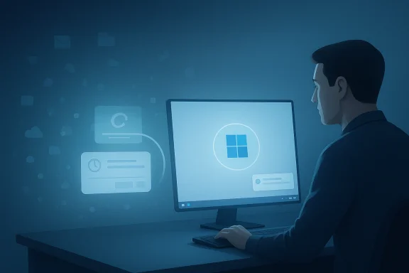 Silhouetted office worker using a computer with Windows icon and cloud-style UI graphics.