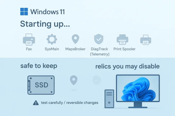 Windows 11 startup screen shows icons loading “Fax, SysMain, MapsBroker, DiagTrack, Print Spooler” with warnings.