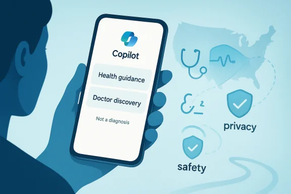 Smartphone shows “Copilot” health guidance with icons for safety and privacy in a medical-themed illustration.