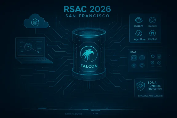 Futuristic cyber security graphic for RSAC 2026 San Francisco, featuring a Falcon AI server hologram and apps.