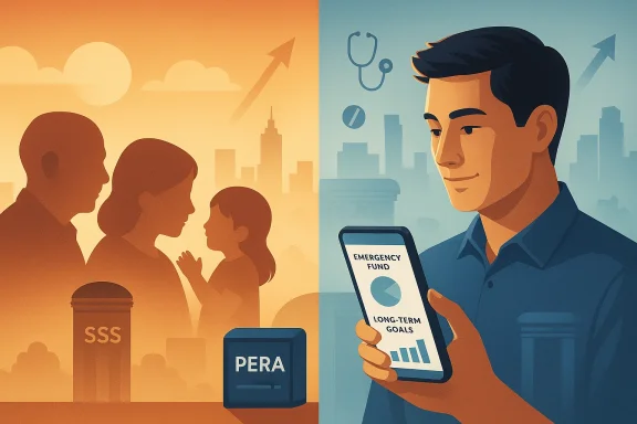 Split illustration of family savings versus emergency fund and long-term goals on a smartphone.