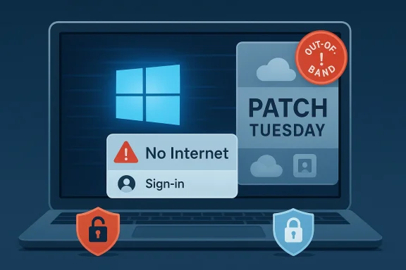 Laptop screen shows “No Internet” and “Sign-in” with an “Out-of-band” warning and lock shields.