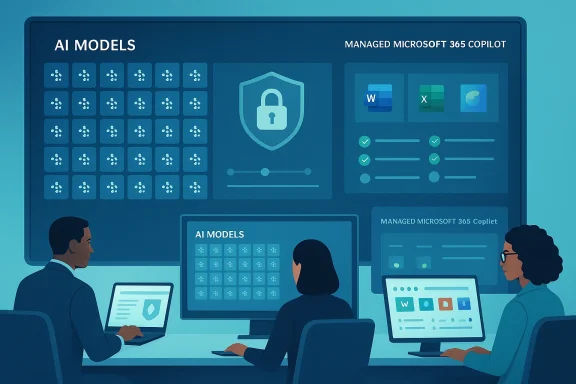 Illustration of coworkers monitoring AI models and managed Microsoft 365 Copilot on a secure dashboard.