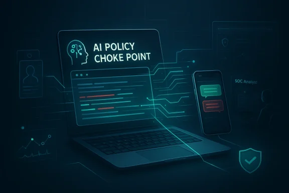 Neon AI dashboard on a laptop reading “AI POLICY CHOKE POINT” with cybersecurity interface icons.