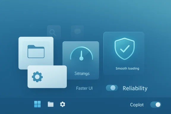 Futuristic Windows-style UI tiles showing Settings, Faster UI, Smooth loading, and reliability icons.