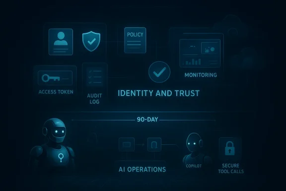 Digital cybersecurity dashboard showing identity and trust with monitoring, access tokens, and secure tool calls.