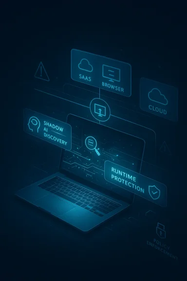 Blue-glowing laptop interface showing SaaS, Browser, Cloud, and runtime protection with security icons.