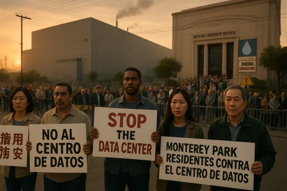 Protesters hold signs against a data center near an industrial building at sunset.