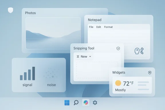 Futuristic desktop UI collage showing Photos, Notepad, Snppping Tool, and Widgets on a blue background.