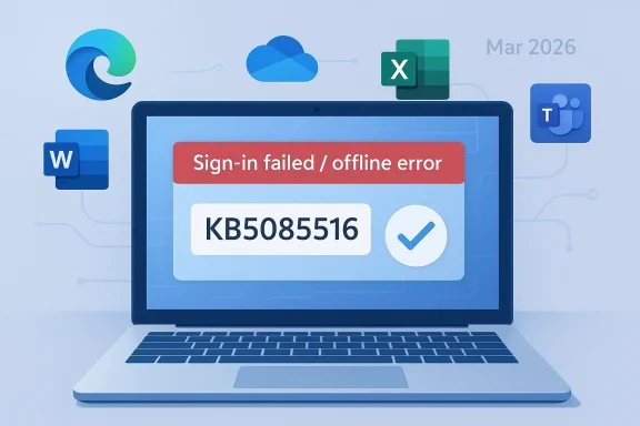 Illustration of a laptop displaying “Sign-in failed/offline error” with code KB5085516 and app icons.