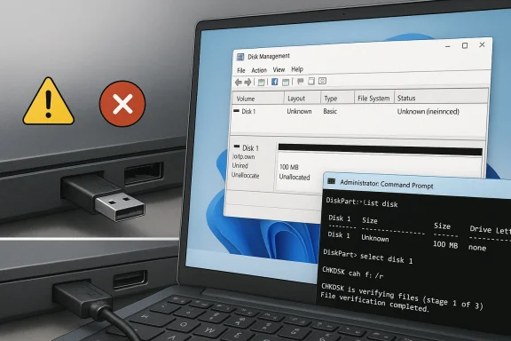 Laptop shows Windows Disk Management with errors and a Command Prompt running DiskPart/CHKDSK.