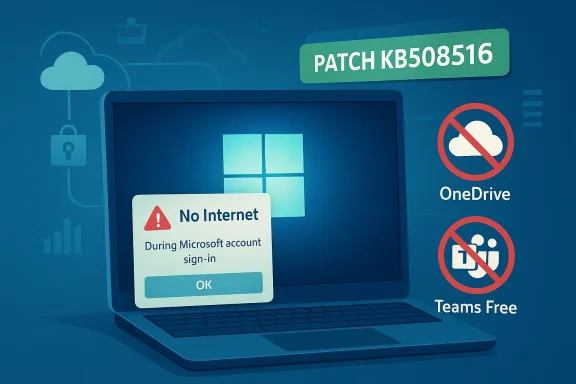 Illustration of a laptop showing a “No Internet” Microsoft account sign-in error with OneDrive and Teams Free blocked icons.