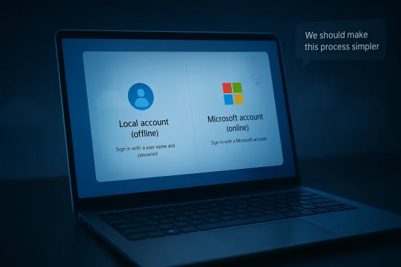 Laptop sign-in screen comparing local (offline) and Microsoft (online) accounts with a simplification message.