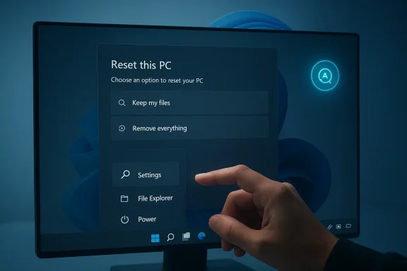 Hand pointing on a computer screen showing the “Reset this PC” options.