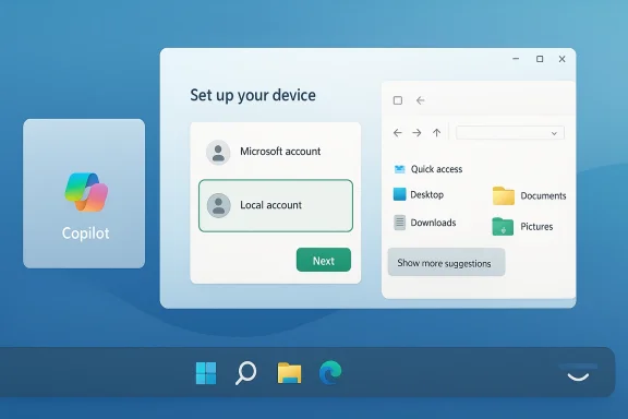 Windows setup screen showing “Set up your device,” Copilot tile, and account options.