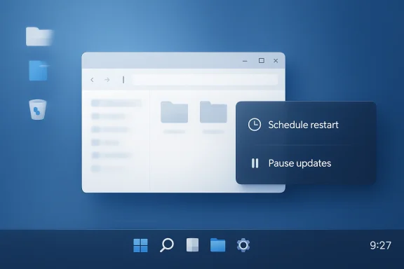 Windows-style desktop showing a browser window with a “Schedule restart” prompt and “Pause updates.”