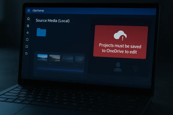 Laptop screen shows clipchamp editing with a warning: “Projects must be saved to OneDrive to edit.” Laptop screen shows clipchamp editing with a warning: “Projects must be saved to OneDrive to edit.”