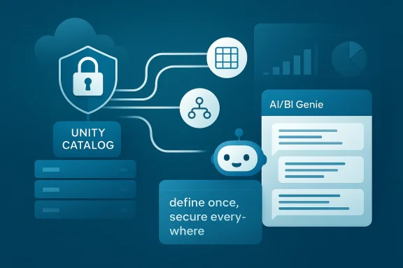 Abstract digital network illustration showing unity catalog, AI/BI genie, and secure cloud data flow.