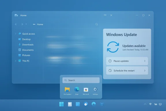 Windows 10 desktop with Windows Update dialog showing updates available and options to pause or restart.