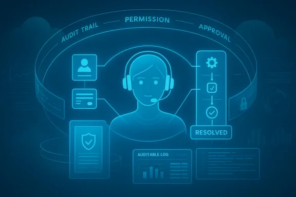 Illustration of a call-center agent surrounded by audit trail, permission, app approval, and resolved compliance icons.