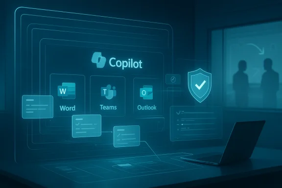 Blue holographic Microsoft Copilot interface connects Word, Teams, and Outlook apps with a shield icon.
