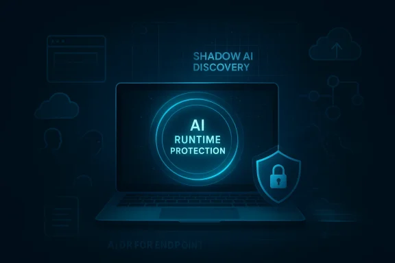Blue cybersecurity illustration showing a laptop with AI runtime protection and a lock shield.