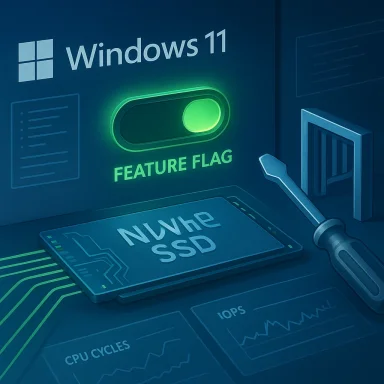 A blue “Windows 11” tech-themed graphic shows a glowing feature flag, NVMe SSD, and a wrench.