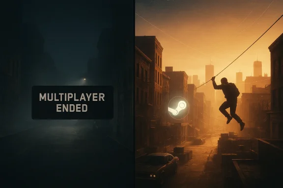 Split-screen scene shows a neon “MULTIPLAYER ENDED” sign beside a rooftop jump in a smoky city sunset.