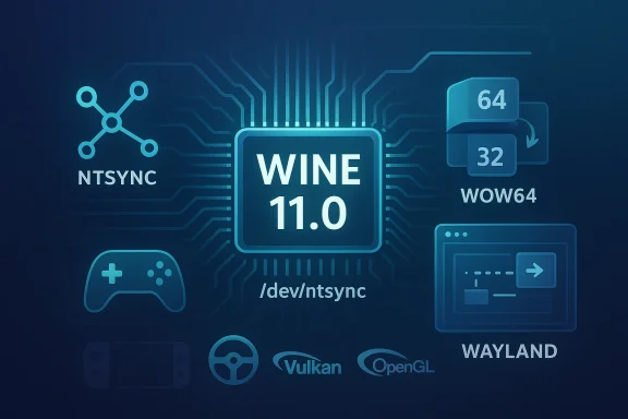 Futuristic tech graphic showing “WINE 11.0” with NTSYNC, WOW64, Wayland, Vulkan, and OpenGL icons.