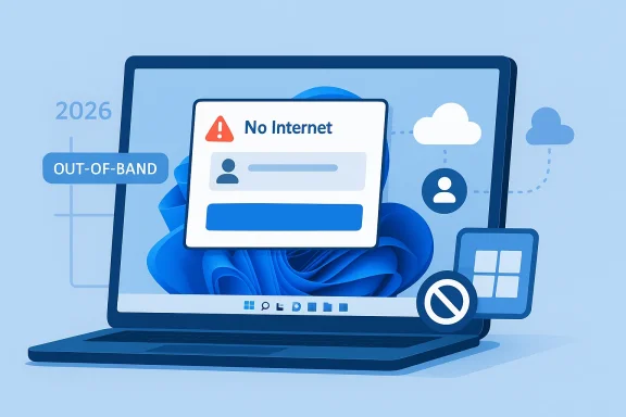 Illustration of a laptop showing a “No Internet” error with an out-of-band network warning.