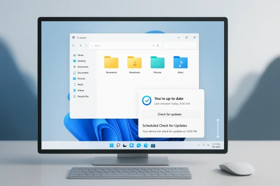 Computer monitor shows Windows File Explorer with an update notification saying you’re up to date.
