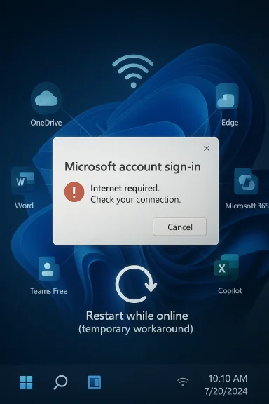 Microsoft account sign-in popup on Windows with “Internet required—check your connection.”